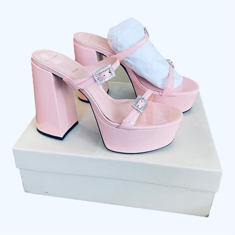 NEW Black Suede Studio Pink Patent Heels Elsie Platform Sandal Crystal Buckle 39 - Picture 4 of 11